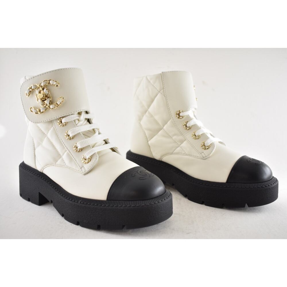 Chanel 24B White Quilt Gold CC Chain Combat Black Platform Ankle Short Boots 37c - Picture 3 of 16